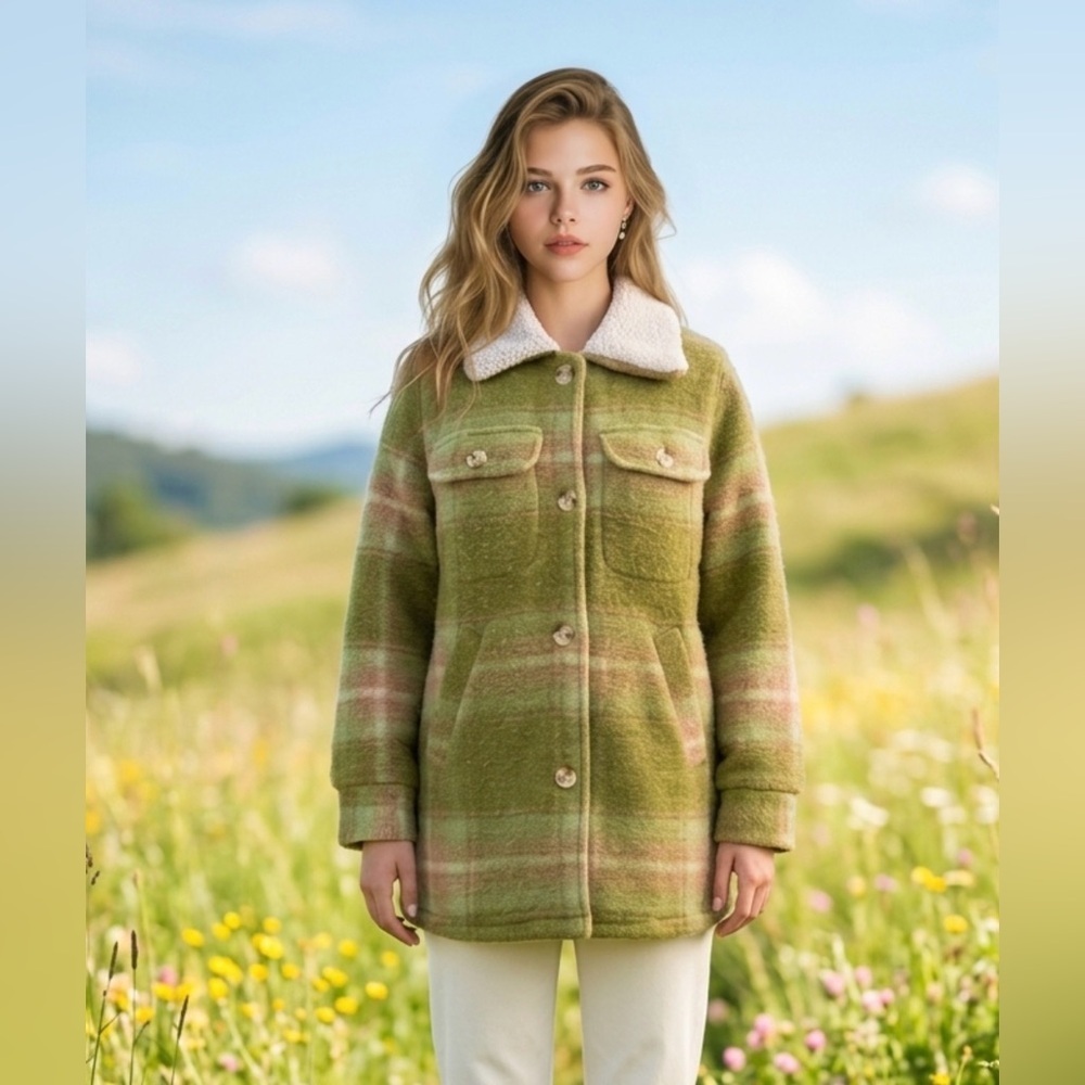 Joe Fresh Green Plaid Sherpa-Collar Pea Coat